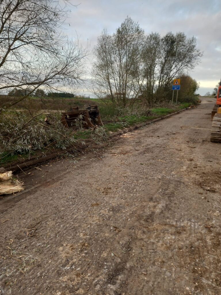 Works on B1040 Thorney to Whittlesey road near Dog in a Doublet. Repairs to a collapsed bank – caused by erosion – means the road is closed until November 22. PHOTO: With permission of RPCM Ltd