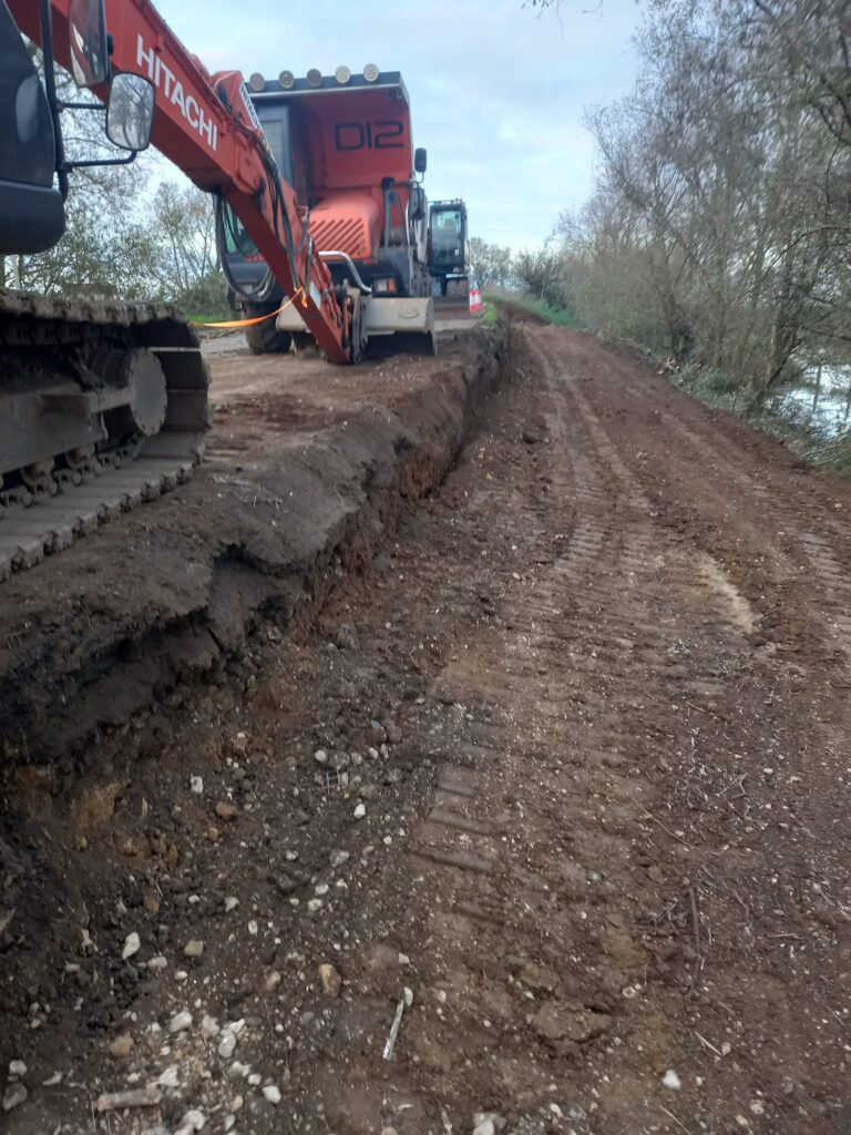 Works on B1040 Thorney to Whittlesey road near Dog in a Doublet. Repairs to a collapsed bank – caused by erosion – means the road is closed until November 22. PHOTO: With permission of RPCM Ltd