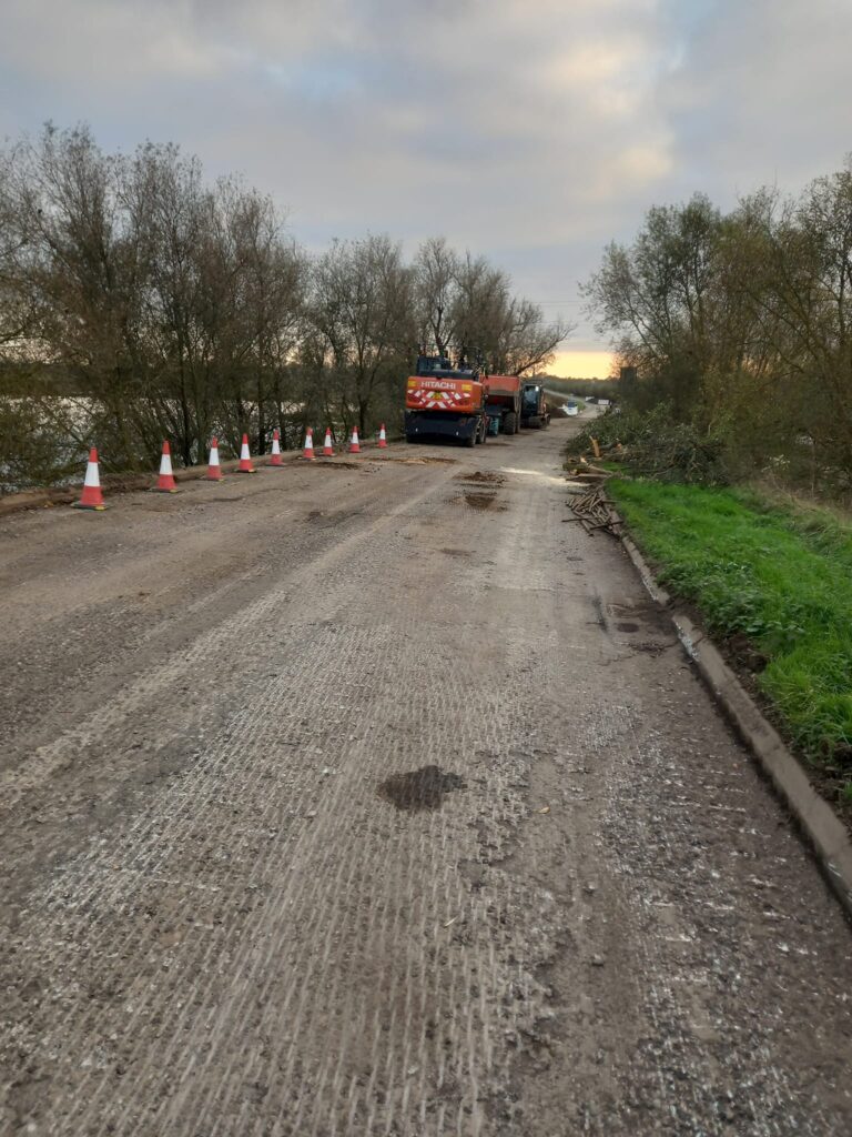 Works on B1040 Thorney to Whittlesey road near Dog in a Doublet. Repairs to a collapsed bank – caused by erosion – means the road is closed until November 22. PHOTO: With permission of RPCM Ltd