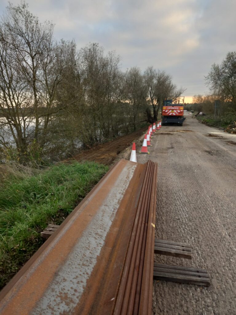 Works on B1040 Thorney to Whittlesey road near Dog in a Doublet. Repairs to a collapsed bank – caused by erosion – means the road is closed until November 22. PHOTO: With permission of RPCM Ltd