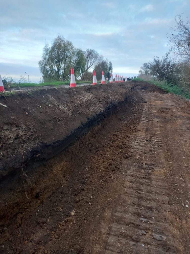 Works on B1040 Thorney to Whittlesey road near Dog in a Doublet. Repairs to a collapsed bank – caused by erosion – means the road is closed until November 22. PHOTO: With permission of RPCM Ltd