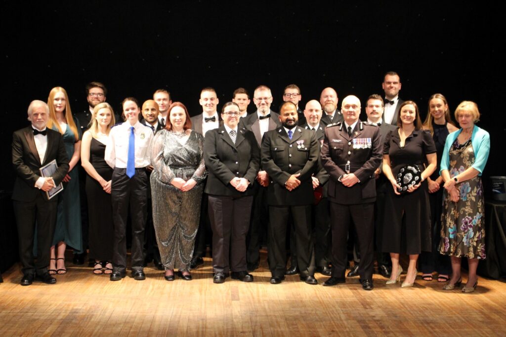 Group photo of all the winners at Cambridgeshire Constabulary Awards night