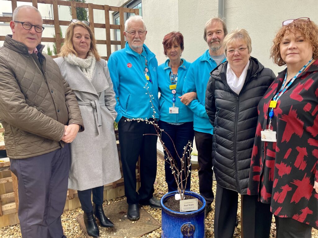  Left to right; Trust Chair Prof Steve Barnett, Clare Watts, Volunteers Jeff, Tish and Jon, Jet Watts and Head of Volunteering Carol North. 