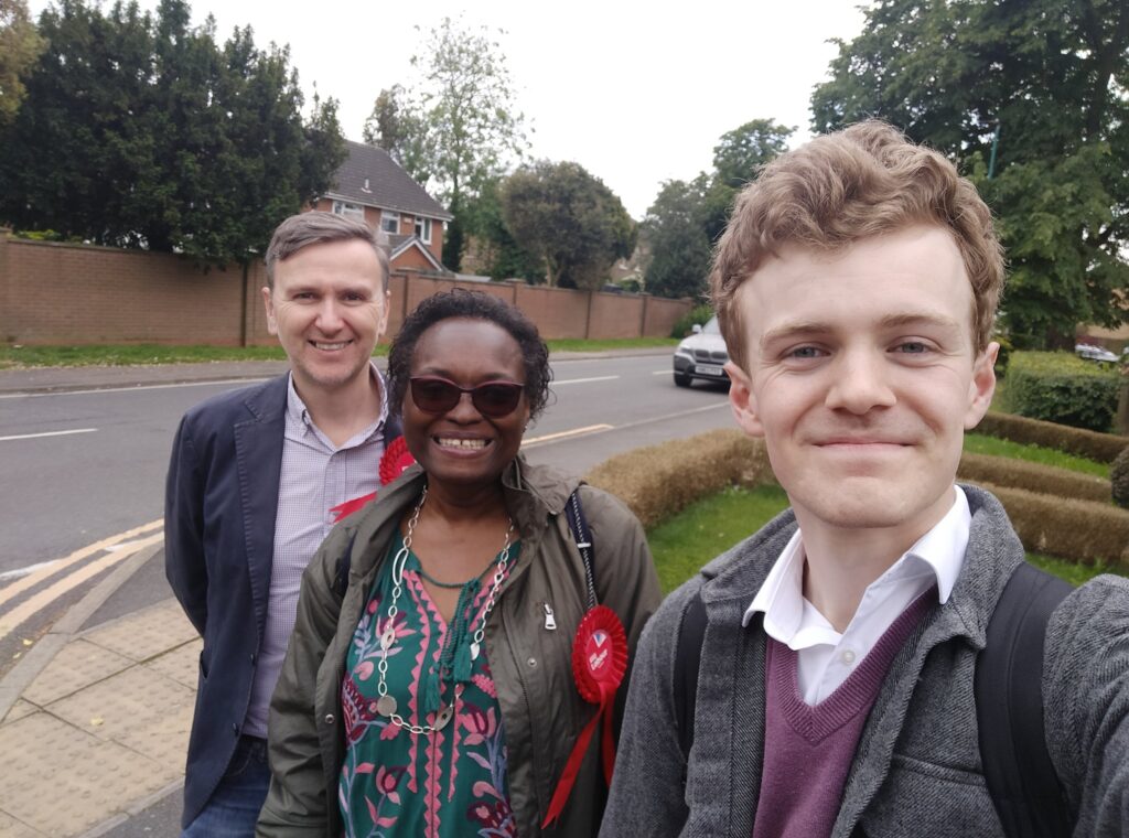 Three Parliamentary candidates out campaigning! Sam Carling with Andrew Pakes, now MP for Peterborough, and Marianna Masters who was Labour candidate for St Neots and Mid-Cambridgeshire. The photo was taken at Eye near Peterborough