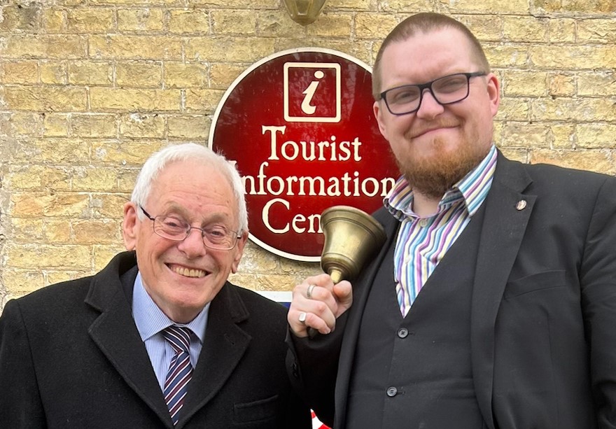 Mayor Cllr Chris Phillips stands with Matthew Routledge, Town Crier of Ely, outside of Oliver Cromwell’s House, Ely, Cambridgeshire