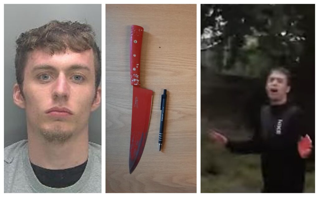 Callum Schooling (left) with (centre) the kitchen knife he possessed and (right) after a police chase caught him and he realised it was game over. Schooling was caught in Cambridge