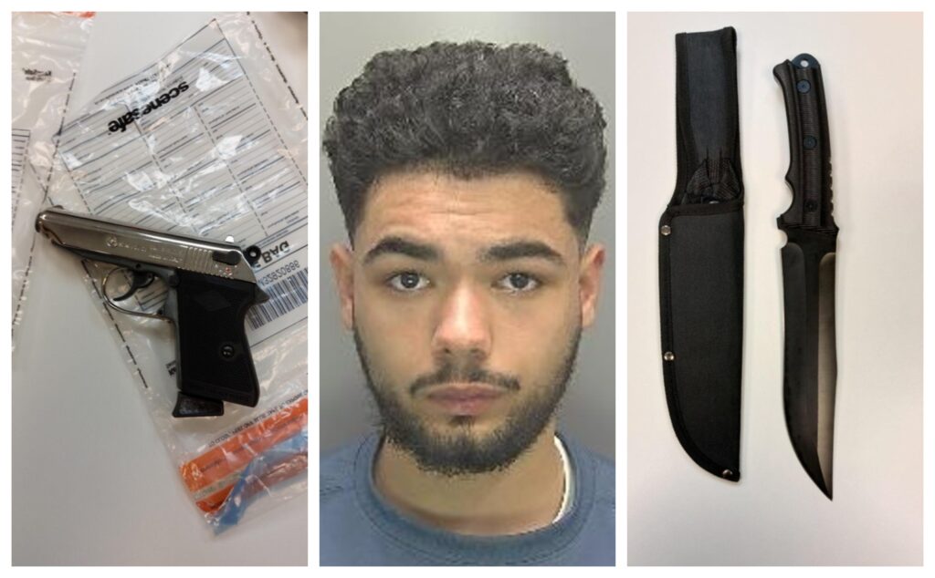 Custody image of drug dealer Jermaine Rowe as well as the knife and gun police in Cambridge recovered after a pursuit. IMAGES: Cambridgeshire Police