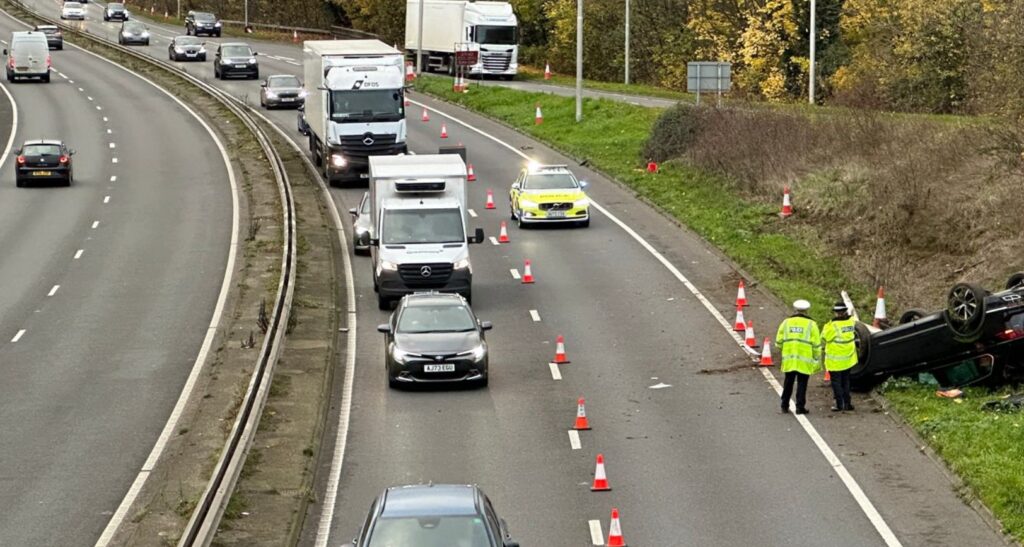 Police on scene after car overturns today (November 17th) on Peterborough Parkway PHOTO: Terry Harris