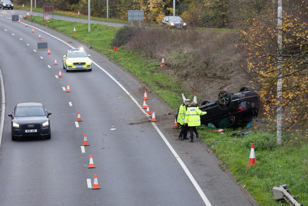 Police on scene after car overturns today (November 17th) on Peterborough Parkway PHOTO: Terry Harris