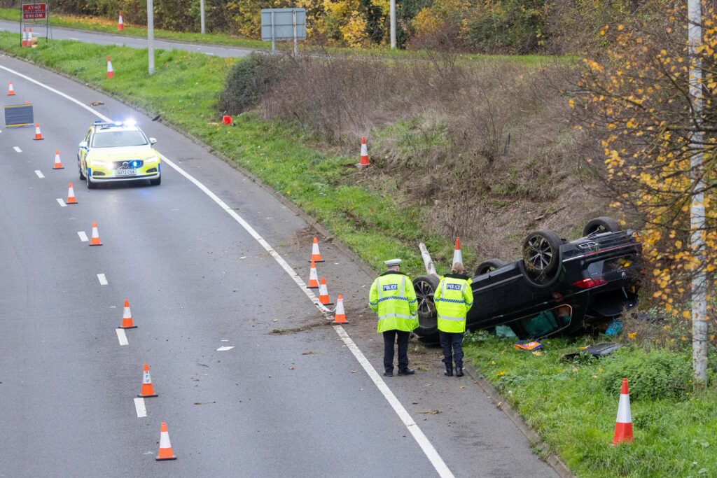 Police on scene after car overturns today (November 17th) on Peterborough Parkway PHOTO: Terry Harris