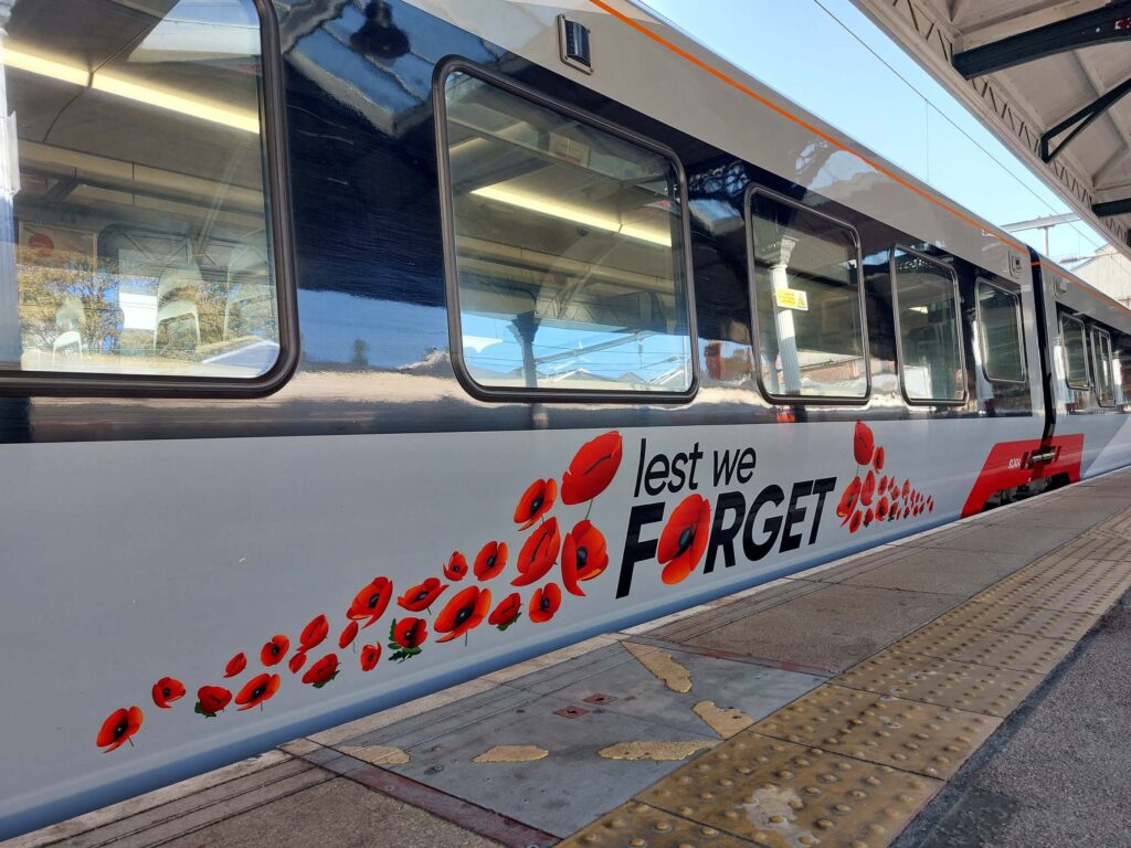 "Lest we forget" Poppy Train livery launch at Norwich station (Credit: Greater Anglia)