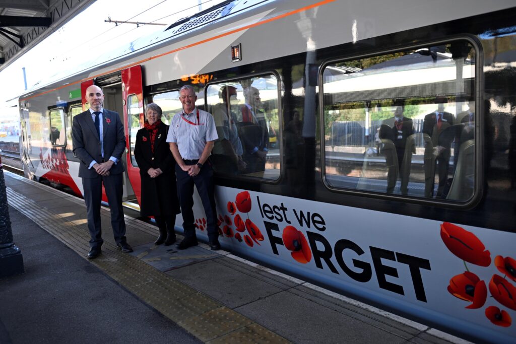 L-R Greater Anglia's Managing Director, Martin Beable, Norfolk Poppy Appeal Manager, Lyn Hatch, and Greater Anglia driver, Stephen Drake (Credit: Greater Anglia)