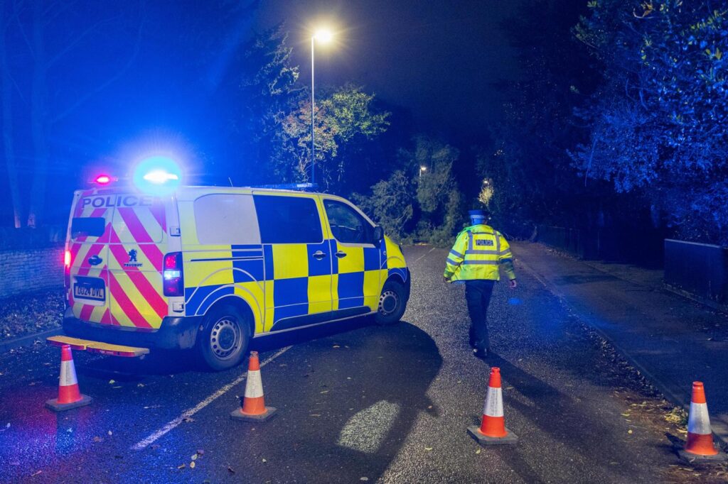 Scene on Thorpe Road Peterborough tonight – December 7 – after falling tree hits car PHOTO: Terry Harris 