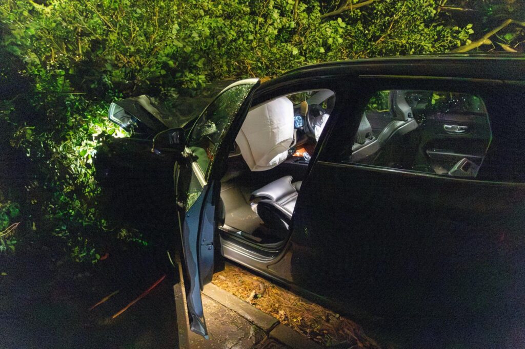 Scene on Thorpe Road Peterborough tonight – December 7 – after falling tree hits car PHOTO: Terry Harris 