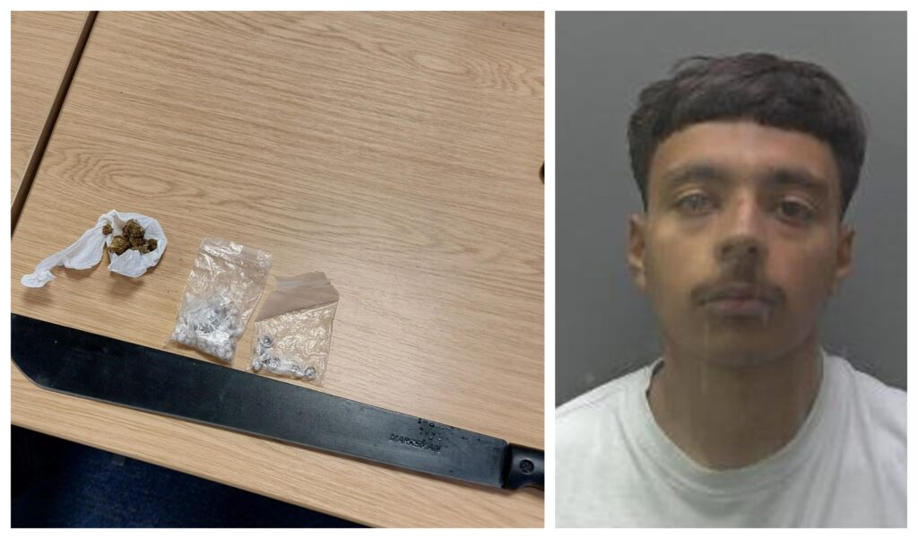 A photo of the drugs and machete found by police when they arrested Abdul Kareem of Peterborough. Custody photo of Kareem.