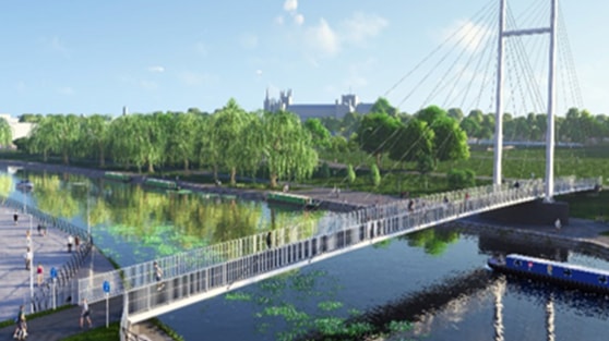 The Combined Authority approved £3,427,800 in June 2022 to support the construction of a new pedestrian and cycle bridge connecting Fletton Quays and the Embankment area of Peterborough. Artist’s impression of the new bridge