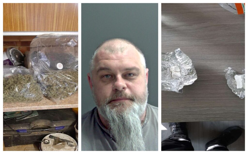 Custody photo of Colin Day of Chatteris and some of the drugs found at his home. Officers conducted a warrant at the property in Hilda Clarke Close, Chatteris, at about 1pm on 25 March 2022