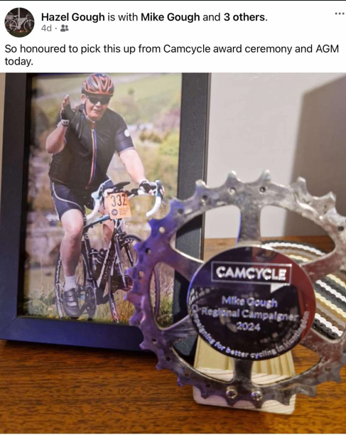 Mike's widow Hazel and members of Mike's family attended the annual meeting of Camcycle in Cambridge to accept the award on Mike's behalf. Screenshot published with permission of Hazel Gough