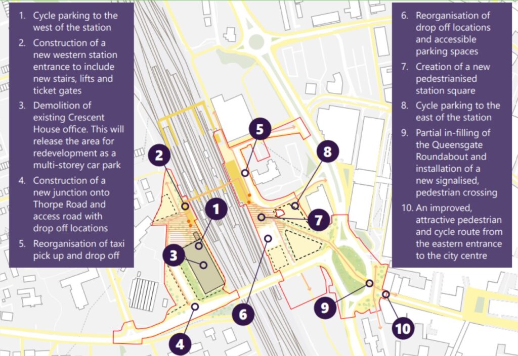 Peterborough Station Quarter Project ‘aims to create a welcoming gateway and vibrant destination on both the East and West sides of the station’. This will make the area easier to access and more attractive by adding a new entrance on the west side and enhancing the nearby surroundings 