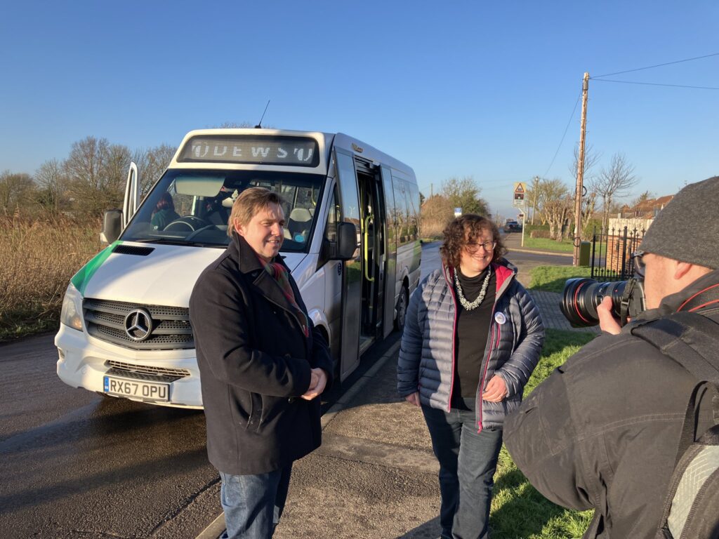 Mayor Dr Nik Johnson with his deputy Cllr Anna Smith launch the expanded ‘Tiger on Demand’ bus service in Fenland at the weekend.