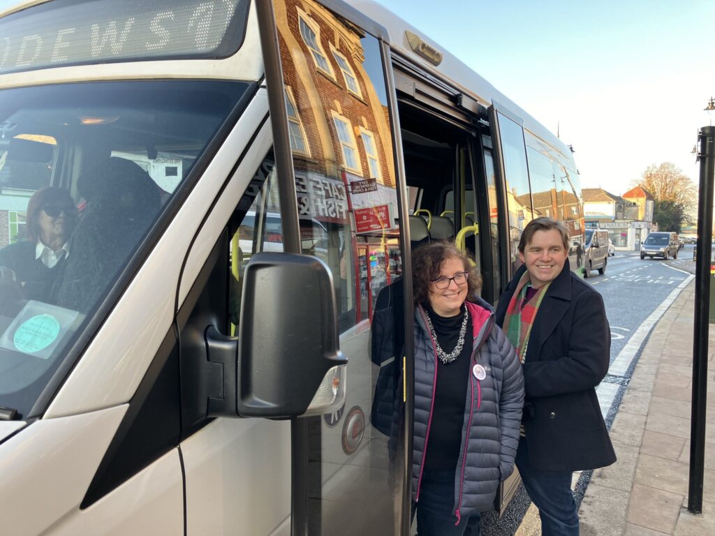 Mayor Dr Nik Johnson with his deputy Cllr Anna Smith launch the expanded ‘Tiger on Demand’ bus service in Fenland at the weekend.