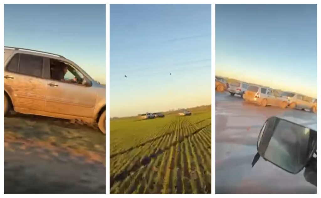 One cocky traveller filmed himself and others as they tore through a Cambridgeshire field, destroying crops, was heard laughing as he raced against a dozen other vehicles on the outskirts of Manea. Car (centre) later abandoned in Manea