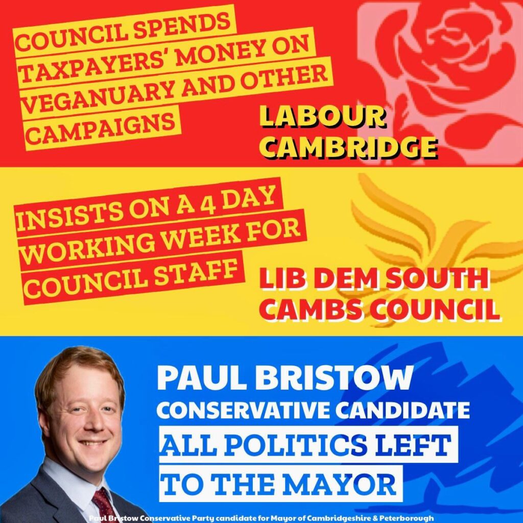 In his latest post to X (formerly Twitter) where he is documenting his daily campaign, Paul Bristow urges residents of Cambridgeshire ‘leave politics to the Mayor’ and says his plan means there will include no pronouns in email signatures