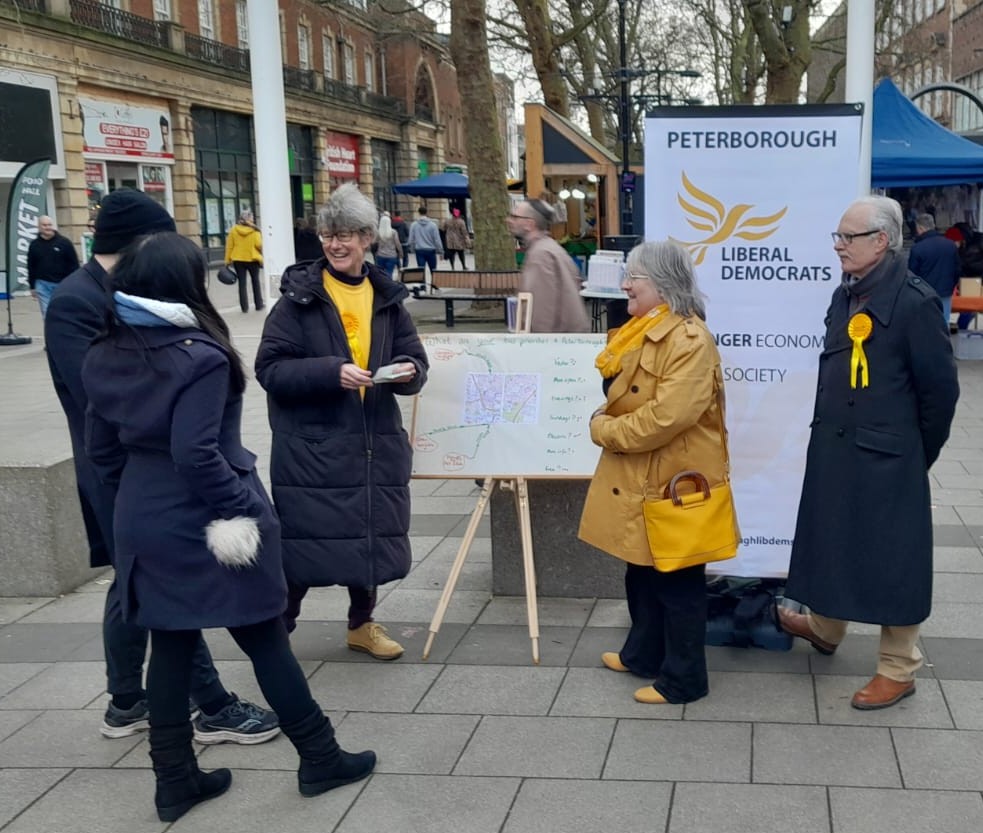 Peterborough Liberal Democrats took to the streets outside the Town Hall on Saturday together with Lib Dem Mayoral candidate, Cllr Lorna Dupre, to invite people's views on how to bring about a ‘Greener, Fairer and Better-Connected Peterborough and Cambridgeshire!’