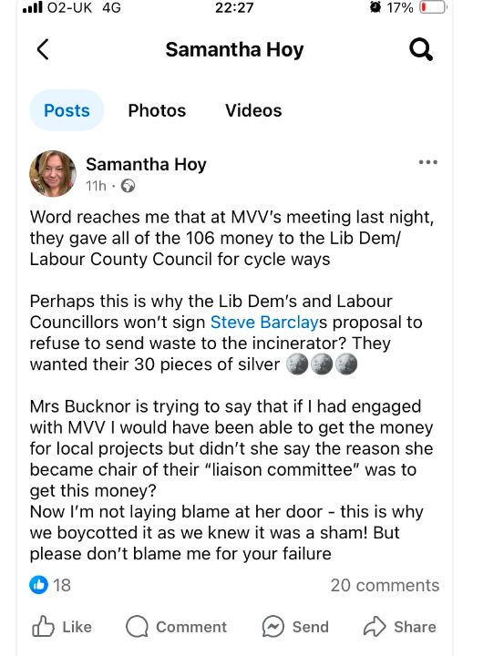 Cllr Sam Hoy Facebook post, wrongly believing the S106 was the prime responsibility of the county council. Fenland District Council, where she is a portfolio holder, were closely engaged in drawing up the agreement! And determining how the money would be spent 