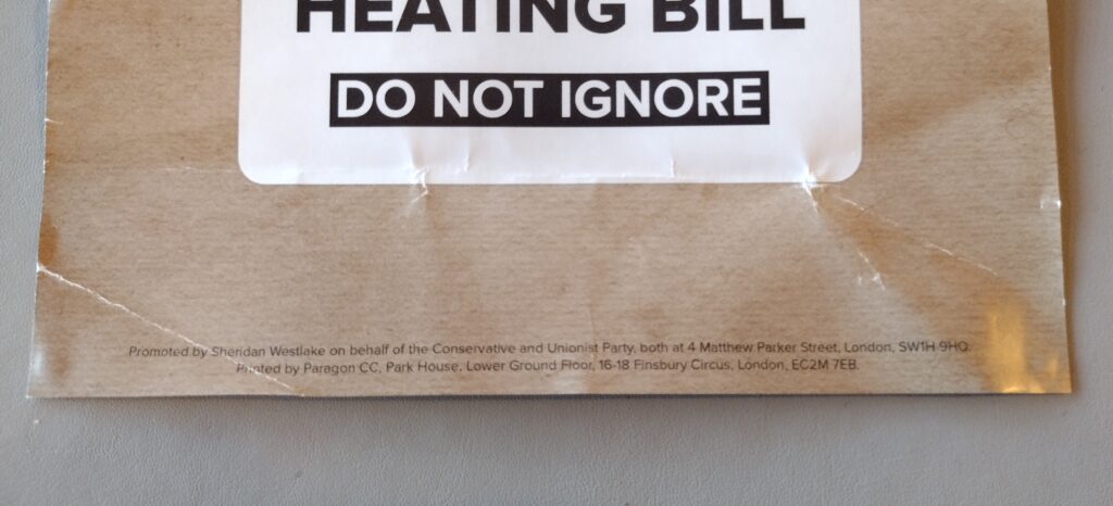 “The front of the Conservative leaflet reads ‘New Heating Bill’ and ‘Do Not Ignore’ in large font on top of a brown paper background, aiming to get the reader's attention,” said a joint statement from local Liberal Democrats.. 