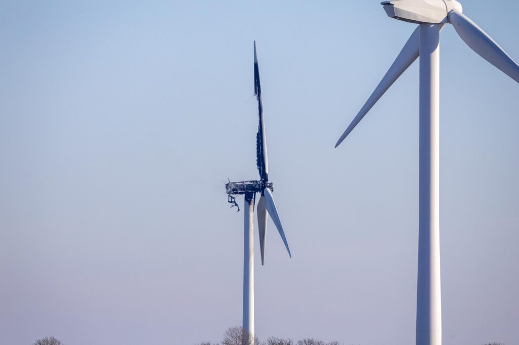 News for Peterborough and Cambridgeshire - Coldham Windfarm near Wisbech was constructed in 2005 and is a joint project between ScottishPower Renewables and the Co-Operative Group. It is where a wind turbine burnt out earlier today. PHOTO: Terry Harris