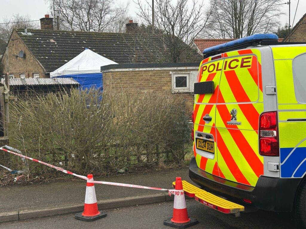 Cambridgeshire police searching for a missing woman from the village of Christchurch near March have launched a murder investigation. Above: The bungalow in Christchurch which has been sealed with police in attendance. PHOTO for CambsNews: Terry Harris 