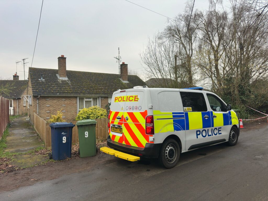 Cambridgeshire police searching for a missing woman from the village of Christchurch near March have launched a murder investigation. Above: The bungalow in Christchurch which has been sealed with police in attendance. PHOTO for CambsNews: Terry Harris 