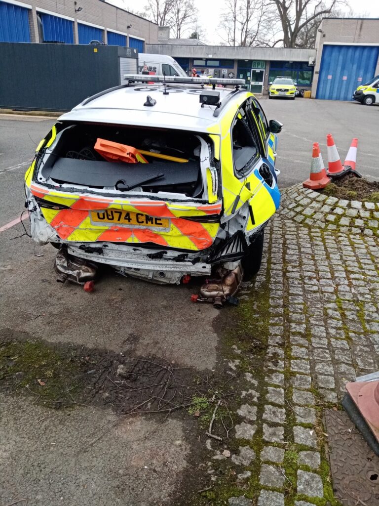 A police Skoda Octavia has been written off following a crash on the M11 just over the Cambridgeshire border.