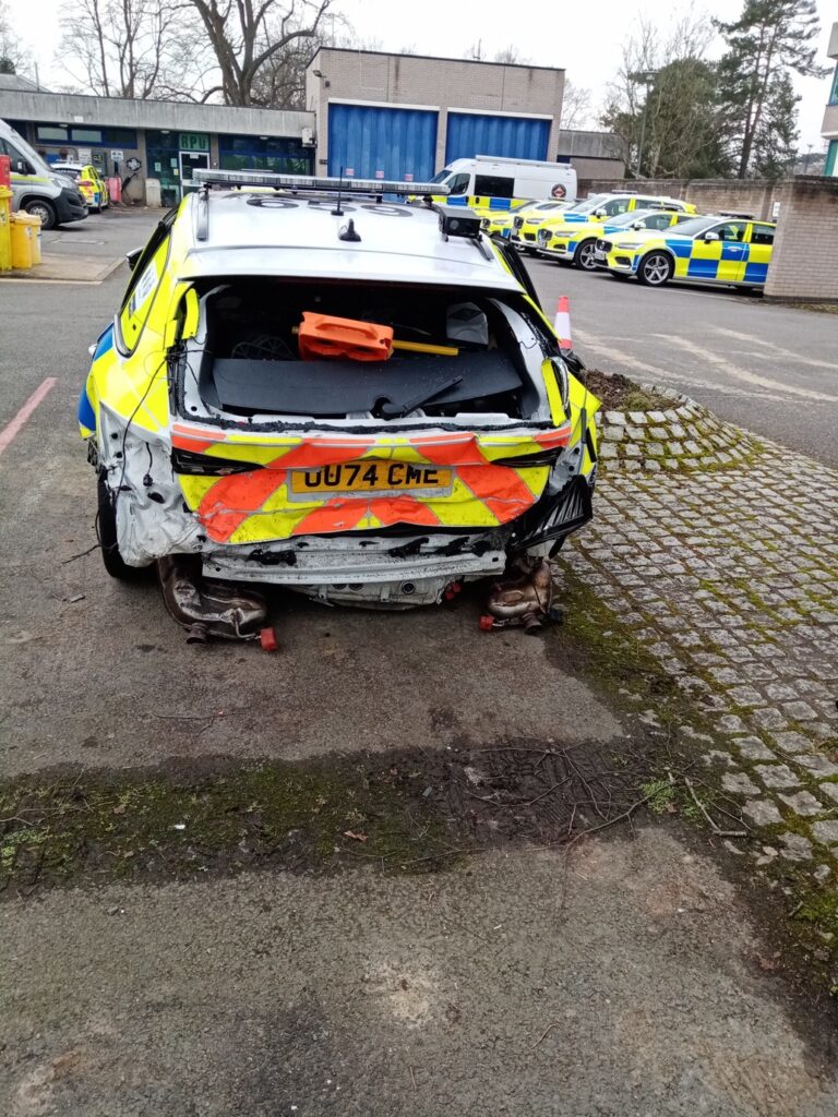 A police Skoda Octavia has been written off following a crash on the M11 just over the Cambridgeshire border.