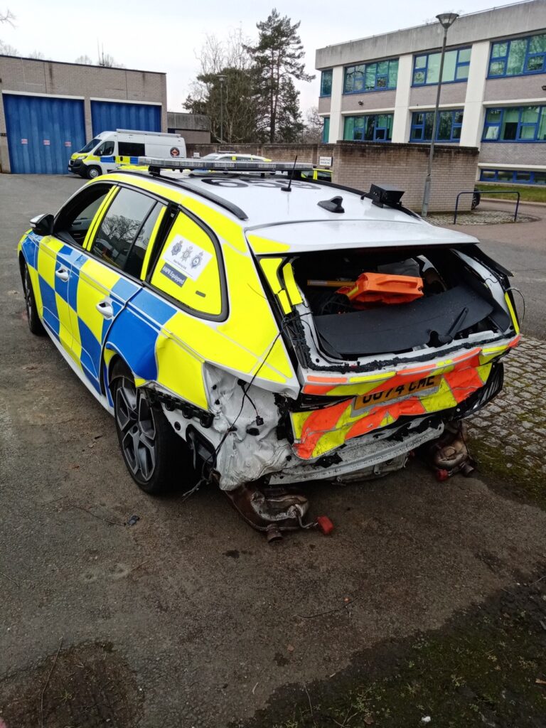 A police Skoda Octavia has been written off following a crash on the M11 just over the Cambridgeshire border.