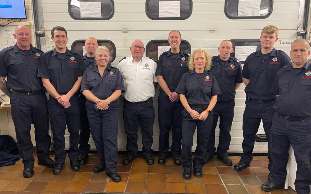 Russell Gooderham’s career was celebrated at a retirement party held at the station, where he was presented with a firefighter figurine by Chief Fire Officer Matthew Warren, as well as a mounted silver axe by the crew.