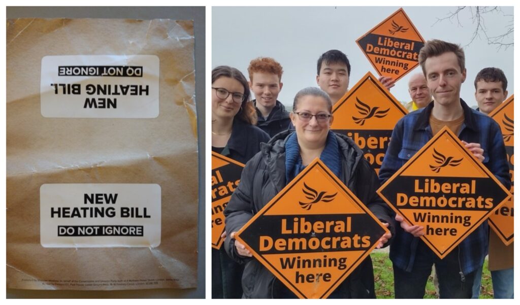 The leaflet's imprint and a photo of Cllr Jo Harvey (front left, blue jumper/black coat) with ward partner Cllr Nathan Hunt (front right, blue checked jacket) and a group of activists.