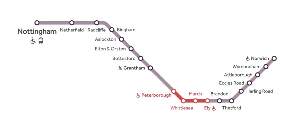 Map of the route provided by East Midlands Railways