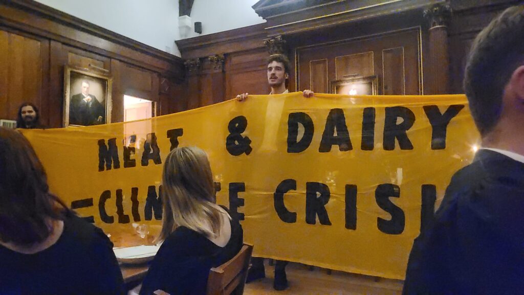 During the formal dinner at Selwyn College, Cambridge, last night students disrupted proceedings “over the college’s poor record on sustainability. The action intended to highlight the need for 100% plant-based menus in response to the climate crisis”