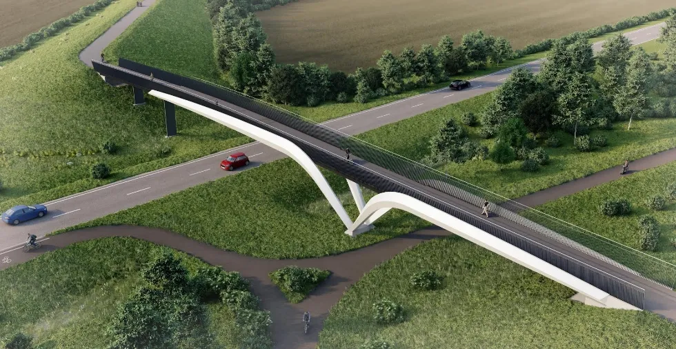 New pedestrian, cycle and equestrian steel bridge over the A10 at Waterbeach measures 90 metres in length and weighs 150 tonnes; it has been designed ‘to reflect the heritage of Waterbeach, with gentle slope and vegetated embankments, providing safe and accessible crossing’ 