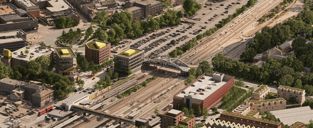 Aerial View: Computer Generated Image providing an aerial view of the Station Quarter project, showcasing a new double sided station, multi-storey car park, public square and future development plots.