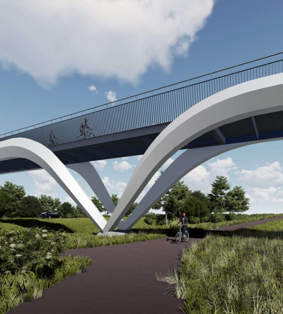 New pedestrian, cycle and equestrian steel bridge over the A10 at Waterbeach measures 90 metres in length and weighs 150 tonnes; it has been designed ‘to reflect the heritage of Waterbeach, with gentle slope and vegetated embankments, providing safe and accessible crossing’ 