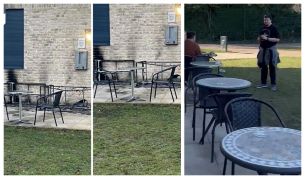 Above: Screenshots of the damage caused by arsonists to chairs outside Wisbech Park café alongside a photo of the chairs yesterday during the afternoon