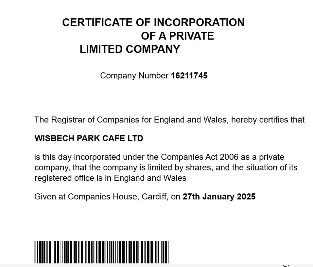 On January 27, 2025, a new private ‘off the shelf’ limited company, Wisbech Park Café Ltd, was set up exclusively to run the Wisbech Park café so has no trading history. The registered address for the company is 7 Earl Street, Wisbech, a 3 bedroom house off the Norwich Road. 