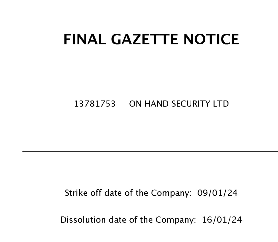 London Gazette notification of the winding up of One Hand Security Ltd of which Cllr Shahid Rafique was sole director 