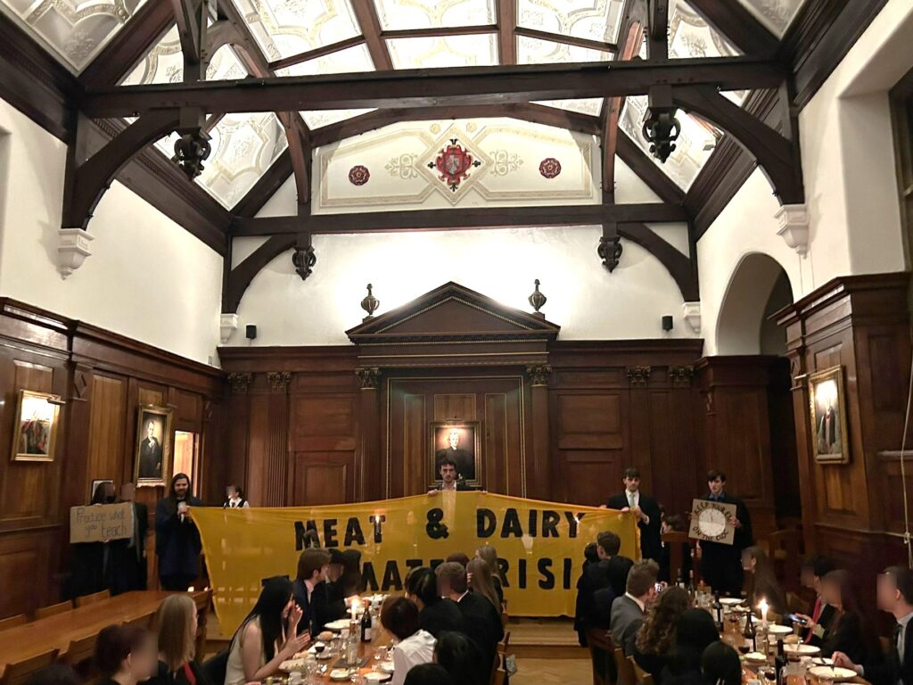 During the formal dinner at Selwyn College, Cambridge, last night students disrupted proceedings “over the college’s poor record on sustainability. The action intended to highlight the need for 100% plant-based menus in response to the climate crisis”